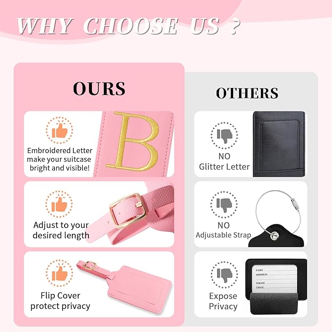 Personalized Initial Luggage Tags for Suitcase, Pink Leather Cute Luggage Tags with Privacy Cover Name Card, Embroidered Custom Monogrammed Luggage Tag Travel Bag Baggage Tags Gifts for Women Kids(B)
