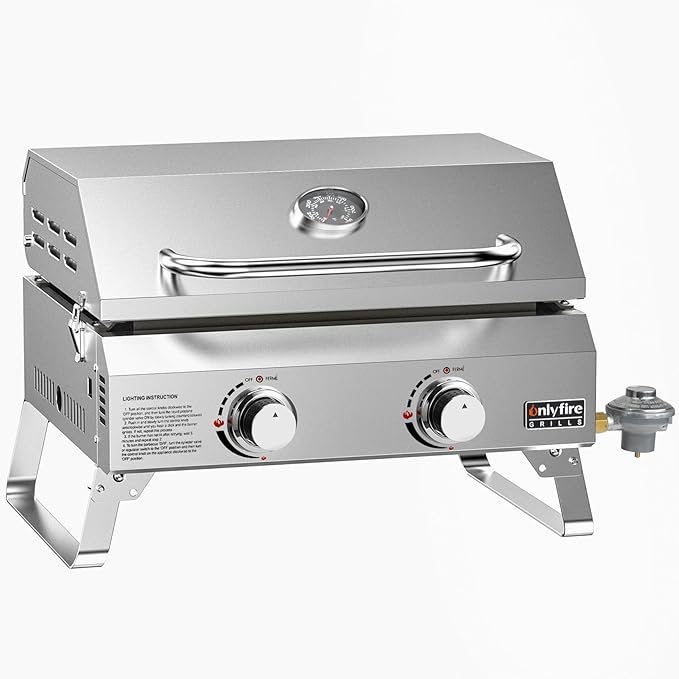 Tabletop Gas Griddle with Lid & Foldable Legs, 2-Burner BBQ Propane Flat Top Griddle, Portable Grill Stove for Outdoor Cooking Patio Party Camping Tailgating RV, Stainless Steel, GS318