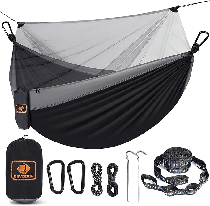 Camping Hammock with Net,Portable Lightweight Double Hammocks with Tree Straps and Solid D-Shape Carabiners,Parachute Nylon Hammock for Backpacking Beach Backyard Patio Hiking Black&Grey