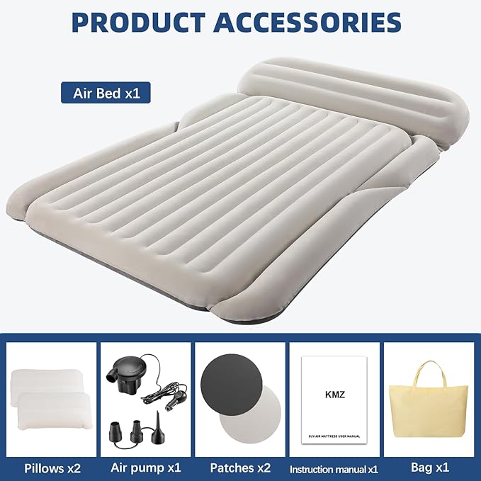 KMZ SUV Air Mattress Thickened Double Flocking Camping Mattress Upgraded Portable Sleeping Car pad Comfortable Inflatable Travel Bed with External Pump and 2 Pillows（Off-White and Light Gray）