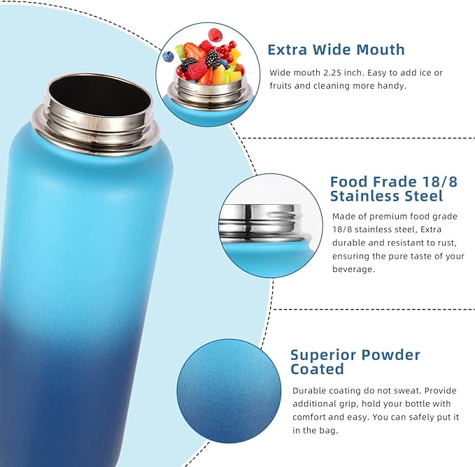 Volhoply 40 oz Insulated Water Bottles Paracord Handle, Stainless Steel Sports Bottle with Spout Lid,Vacuum Metal Travel Water Cups with Wide Mouth,Reusable Water jug for Hiking(Green Blue,1 Set)