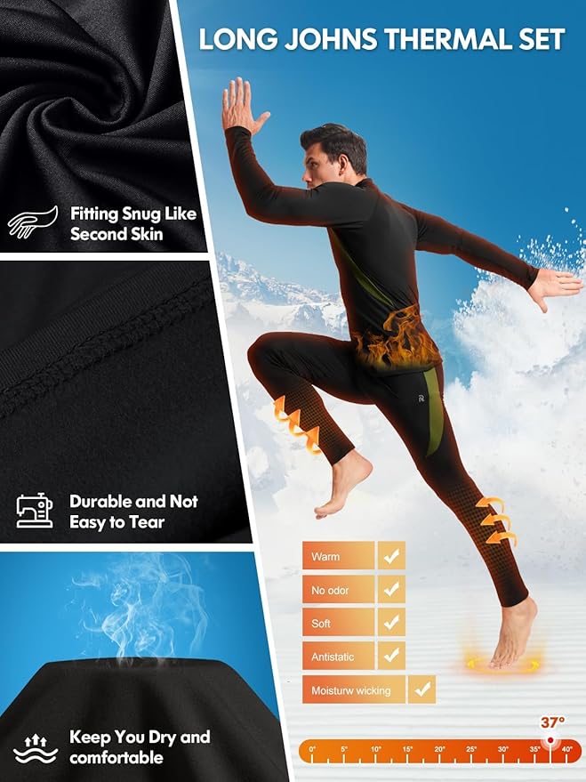 romision Thermal Underwear for Men Long Johns Fleece Lined Hunting Gear Bottom Top Set Base Layer for Cold Weather Gift