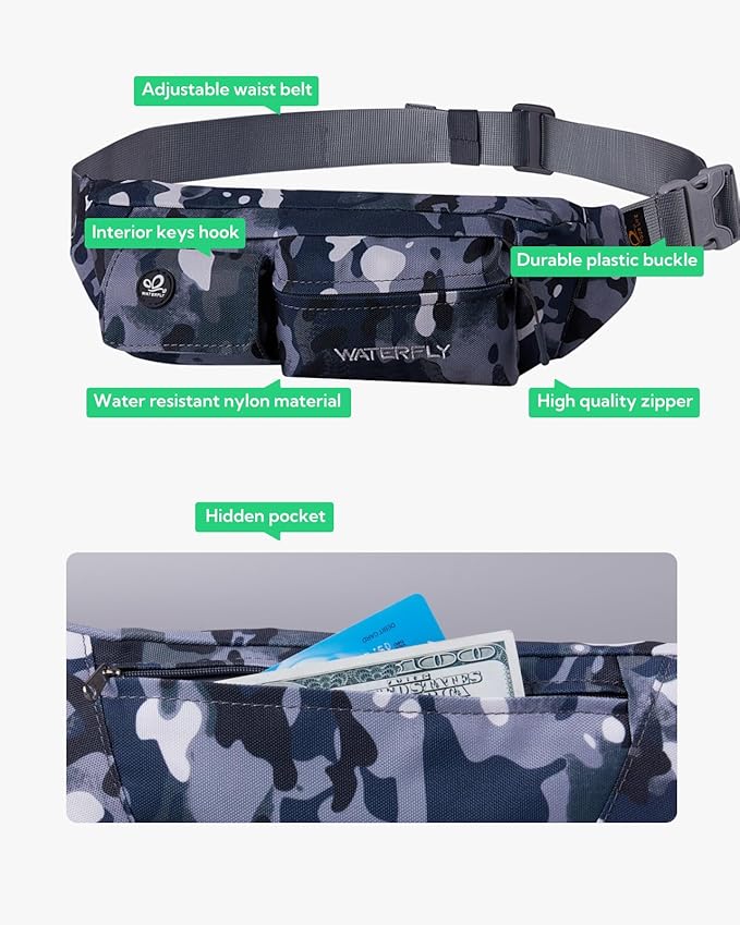 Waterfly Fanny Pack Slim Soft Polyester Water Resistant Waist Bag for Man Women Carrying iPhone Xs / 8 Plus Samsung S10 Plus/Note 8, Camouflage Black
