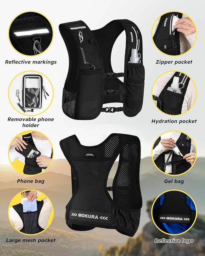 MOKURA Running Vest for Women Men, Adjustable Reflective Running Hydration Vest with 500mL Soft Flask and Phone Holder, Lightweight Water Bottle Vest for Marathon Trail, Hiking, Racing