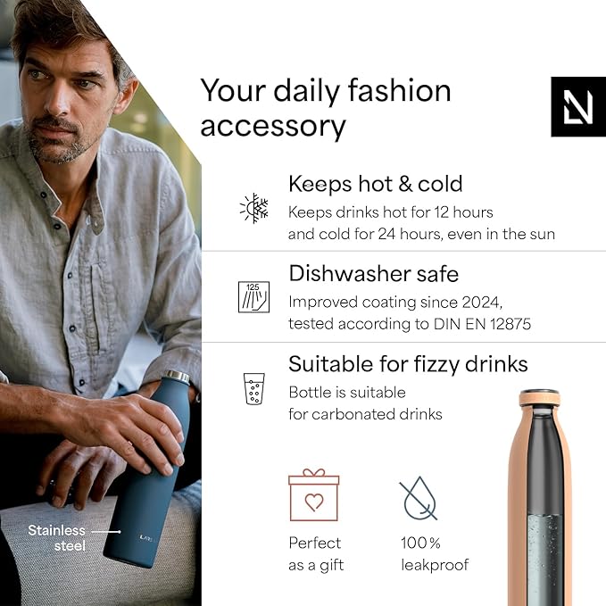 LARS NYSØM Stainless Steel Insulated Water Bottle 12 oz 17 oz 25 oz 34 oz 51 oz | Insulated Thermo Flask for Hot and Cold Beverages | Leakproof Drinking Bottle (Creamy Peach, 25.4 oz)