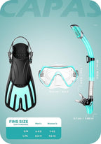 CAPAS Snorkel Mask Fins Set, Travel Size Snorkeling Gear for Adults with Adjustable Fins, Diving Mask and Dry Top Snorkel, Come with a Carrying Bag