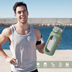 BLUEGO 64oz Water Bottle Glass with Stainless Steel Handle Large Water Bottle with Time Markers and Silicone Sleeve Half Gallon Water Jug BPA Free for Gym Daily Use, Olive