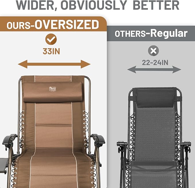 TIMBER RIDGE Oversized Zero Gravity Chair, 33In Wide XXL Zero Gravity Reclining Chair with Side Table, Full Padded Lounge Chair for Outdoor Camping Patio Lawn, Heavy Duty Supports 500lbs, Brown-2 Pack