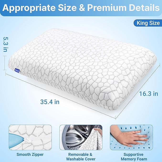 Cooling Memory Foam Pillows, Cooling Bed Pillow, Bed Pillow for Side, Back and Stomach Sleepers, Neck Pillow for Sleeping with Removable and Machine Washable Cover, King Size (1 Pack)