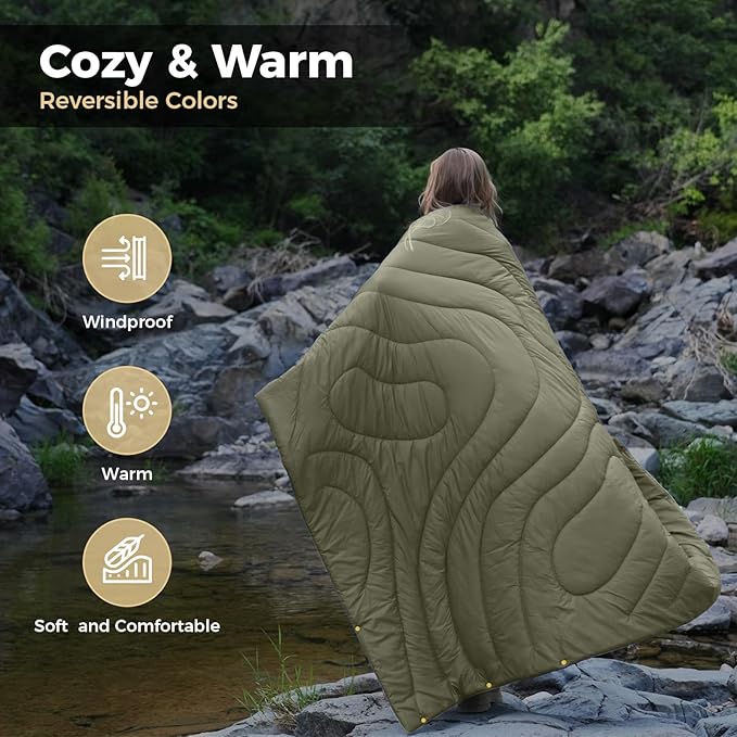 KingCamp Ultralight Camping Blanket, Packable Down Alternative Puffy Wearable Blankets Weatherproof Warm Package Quilt with Snap Buttons & Corner Loops for Outdoor Travel Stadium (69"L x 53"W, GREEN)