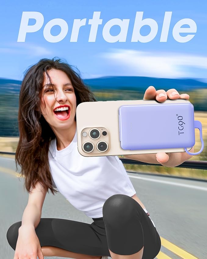 TG90° Portable Phone Charger Ultra Mini Power Bank with Built-in Foldable AC Wall Plug and Cables,5000mAh External Battery Pack Compatible with iPhone 17 16 15 14 Android Smart Devices