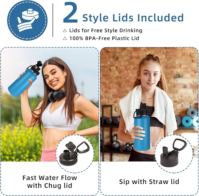 Volhoply 32oz Insulated Water Bottles Bulk 8 Pack with Straw Lid & Spout Lid,Stainless Steel Sports Water Bottle,Double Wall Vacuum Cups,Leakproof Wide Mouth Metal Flask for Hiking,Camping(Blue,8)