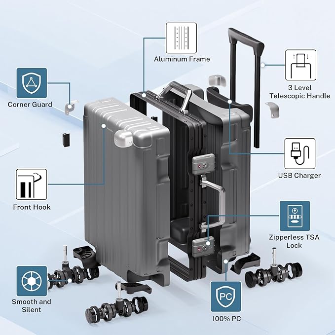 Krute Checked Aluminum Frame Suitcase 24 Inch Zipperless Luggages Hardside PC Luggage With Spinner Wheels TSA Lock USB Charger Suitcases(1 Piece)