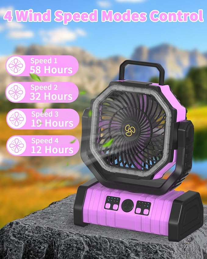 ADUST Camping Battery Operated Powered Fan with LED Lantern Light Portable 20000mAh Rechargeable Oscillating Fan with 360° Rotation Hanging Hook for Tents, Cordless USB Desk Fan(Pink)