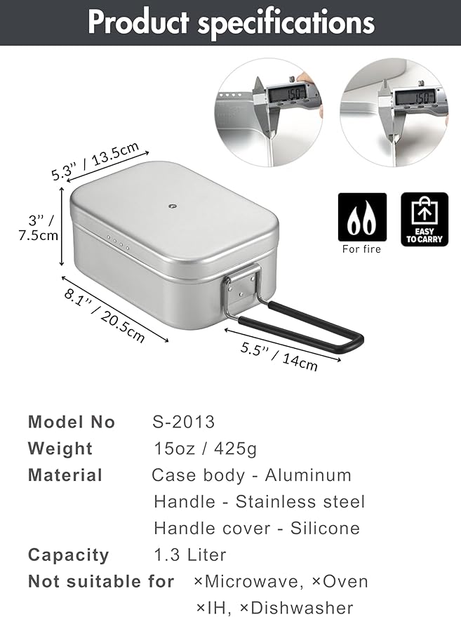 CAMPINGMOON Mess Tin 1.3L Aluminium Camping Cookware Extreme Thick S-2013