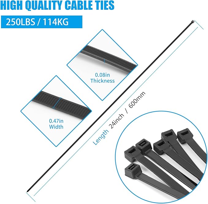 Armpow 24 inch Black Zip Ties Heavy Duty 50 PCS, 250 LBS Ultra Exclusive Strong Plastic Wire Ties, Large Cable Ties Extra Long Tie Wraps, Indoor and Outdoor UV Resistant