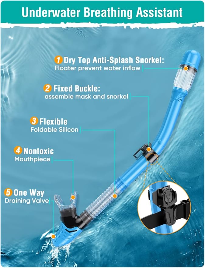 Snorkel Set Adults Snorkeling Gear Anti-Fog Panoramic View Swim Mask Dry Top Snorkel Kit with Carry Bag for Snorkeling Scuba Diving Swimming Travel