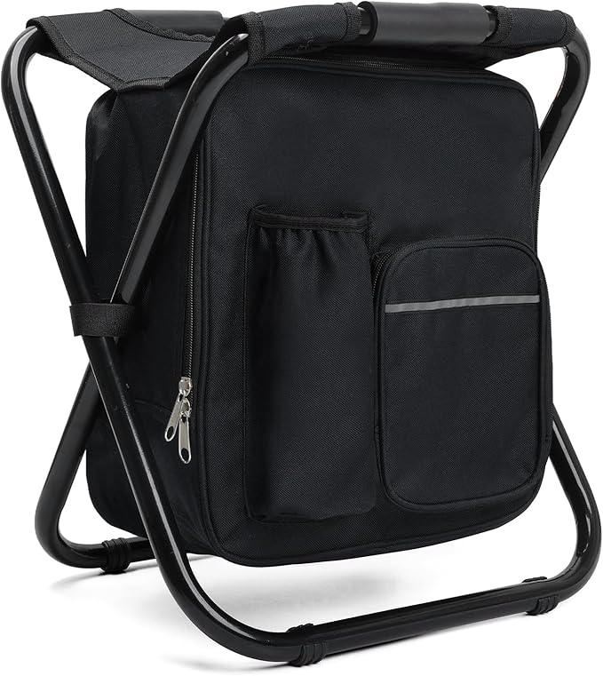 Lightweight Backpack Stool Cooler Chair Heavy Duty 350lbs for Adults, Folding Camp Stool with 15L Insulated Cooler for Fishing, Black