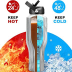 HYDROWION 40 oz Insulated Water Bottle with Straw fit in Car Cup Holder(Cold 48 hrs, Hot 24 hrs) Drinking Bottle with Straw Lid, Spout Lid and Flex Cap Leakproof Travel Thermo Mug，Marbling