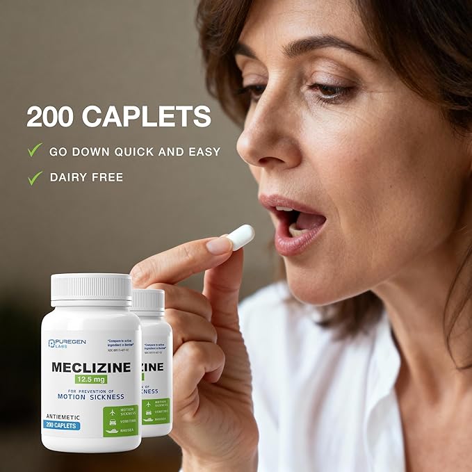 Puregen Labs Meclizine 12.5 mg Antiemetic 400 Caplets Total | Motion Sickness Relief - Prevent Nausea, Vomiting, and Dizziness | Dairy Free | Made in USA | Value Pack – 2 Pack