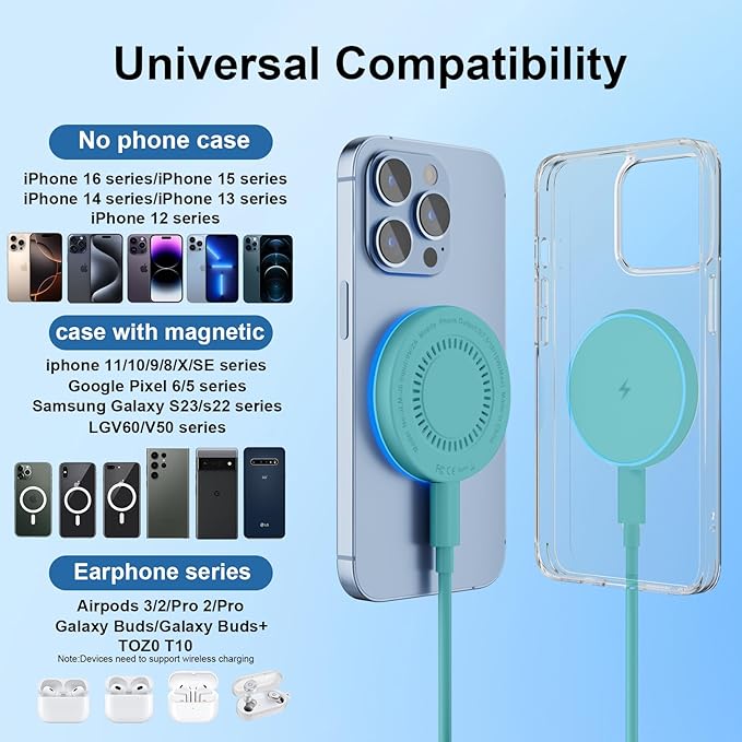 MagSafe Charger 2 Pack 15W Magnetic Wireless Charger Fast Charging Pad Compatible with iPhone 17/16/15/14/13/12 Series & AirPods 4/3/2/Pro Magnetic MagSafe Charging Pad with Dual Ports-Light Green