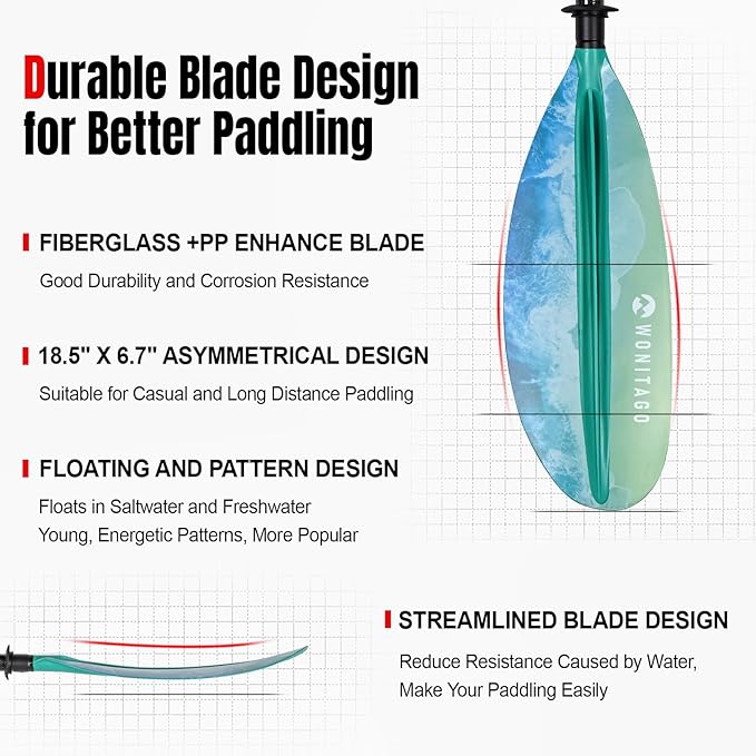 Kayak Paddles with Fiberglass Shaft and Reinforced PP Blade, Floating Adjustable Kayaking Oars, 3 Piece, 220-240 cm/86-94 Inches, 240-260 cm/94-102 Inches