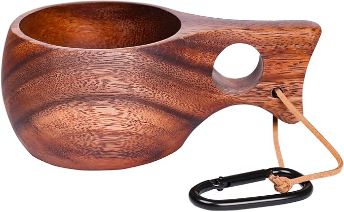 Kuksa Camping Mug Wooden Bushcraft Handcarved Cup, Nordic Style Coffee & Hiking Kuksa, Walnut Wood, Single Hole, 6.7 oz., 6.3" x 3.8" x 2.4"