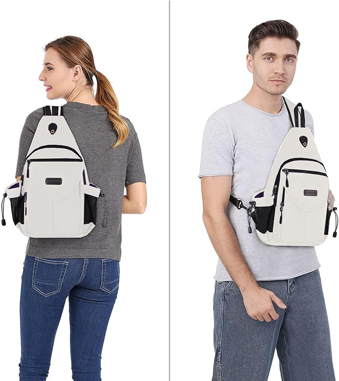 MOSISO Sling Backpack,Canvas Crossbody Hiking Daypack Bag with Anti-theft Pocket, Pearl White
