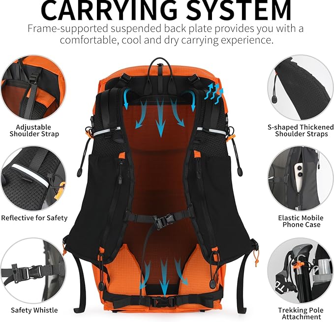 Hiking Backpack for Men and Women, 30L Waterproof Camping Backpack with 3L Water Bladder and Rain Cover, Lightweight Outdoor Sport Travel Daypack Rucksack for Climbing Cycling (Orange)