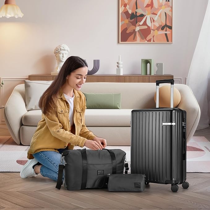 Hoteel Spinner Luggage Sets 3 Piece Carry on Luggage with TSA Lock for Men and Women (4-YEAR WARRANTY), ABS+PC Hard Shell Rolling Carry-on Suit Case for Plane, Travel, Business, Black (20in/DB/TB)