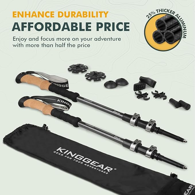 KINGGEAR TPC-3K 100% Carbon Fiber Trekking Poles for Hiking - Ultralight Collapsible Hiking Poles with Cork & EVA Foam Grips, Adjustable Metal Flip Locks, Tungsten Tips - Ideal Hiking