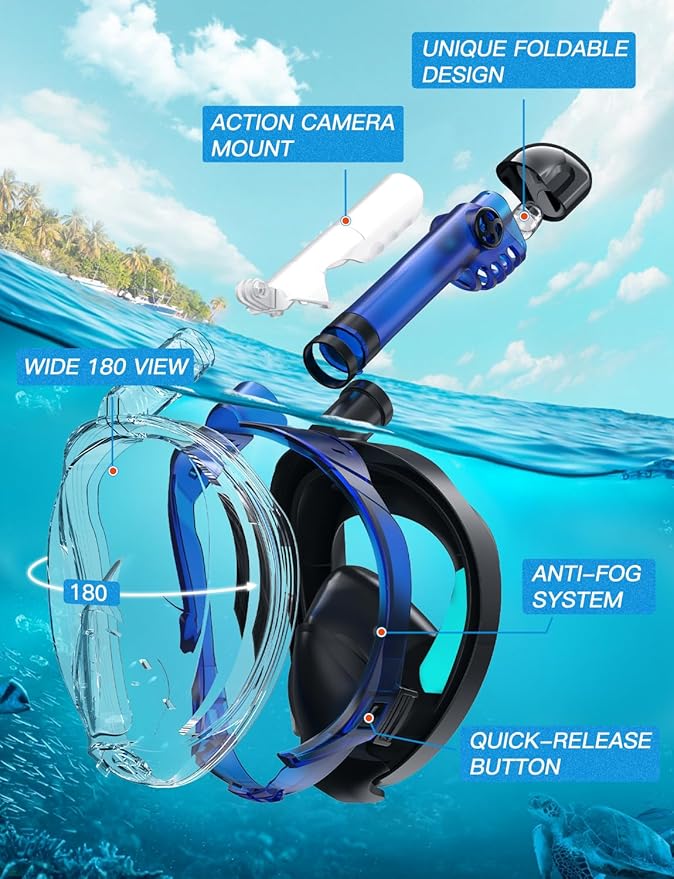 Zenoplige Full Face Snorkel Mask Adults,Dry-Top Snorkeling Gear with Camera Mount,Foldable 180-Degree Panoramic Scuba Mask for Snorkeling Diving Swimming Travel,Snorkel Mask Anti-Fog & Anti-Leak