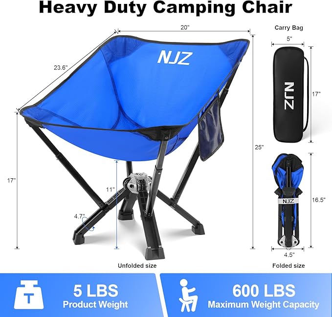 Camping Chairs for Adults - 600 LBS Capacity Rugged Outdoor Folding Chair, Compact Foldable Chair with Quick Setup & Carry Bag - Portable Camping Chair for Picnic, Fishing, Backyard - Blue