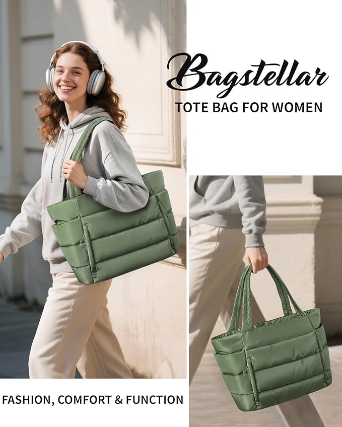 Puffer Tote Bag for Women, Lightweight Puffy Work Handbag Teacher Nurse Quilted Shoulder Bag for School Travel Gym