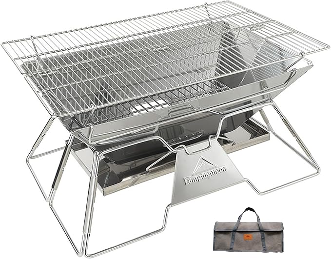 CAMPINGMOON Portable Camping Fire Pit Stainless Steel Foldable Collapsible BBQ Grill Wood Burning Charcoal 20x13-inch with Carrying Bag MT-3