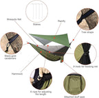 Camping Hammock with Rain Fly Tarp and Mosquito Net Tent Tree Straps, Portable Single Double Nylon Parachute Hammock Rainfly Set for Backpacking Hiking Travel Yard Outdoor Activities Green