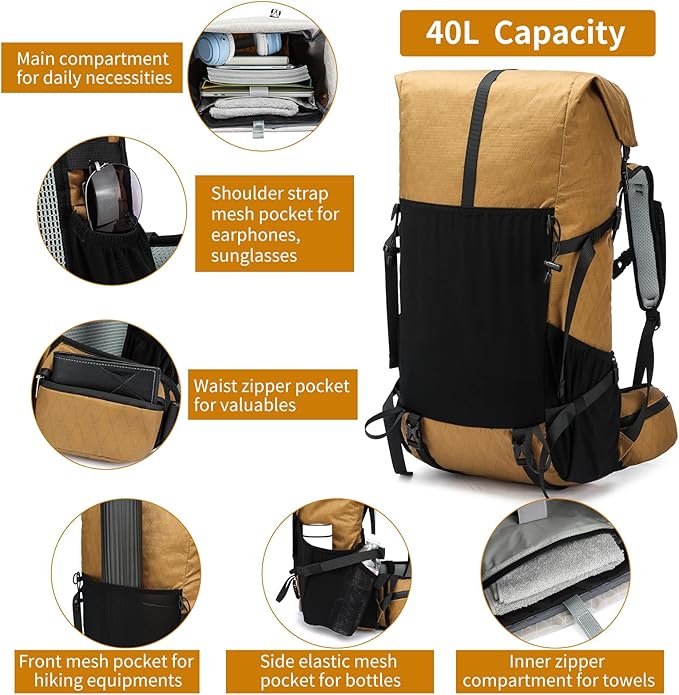 Hiking Backpack,30L +10L Extra Large Capacity Hiking Bag,Internal Frame Camping Backpack,Upgraded X-PAC Lightweight Sport Daypack Travel Backpacks Fit For Mountain Climbing Camping (Brown)