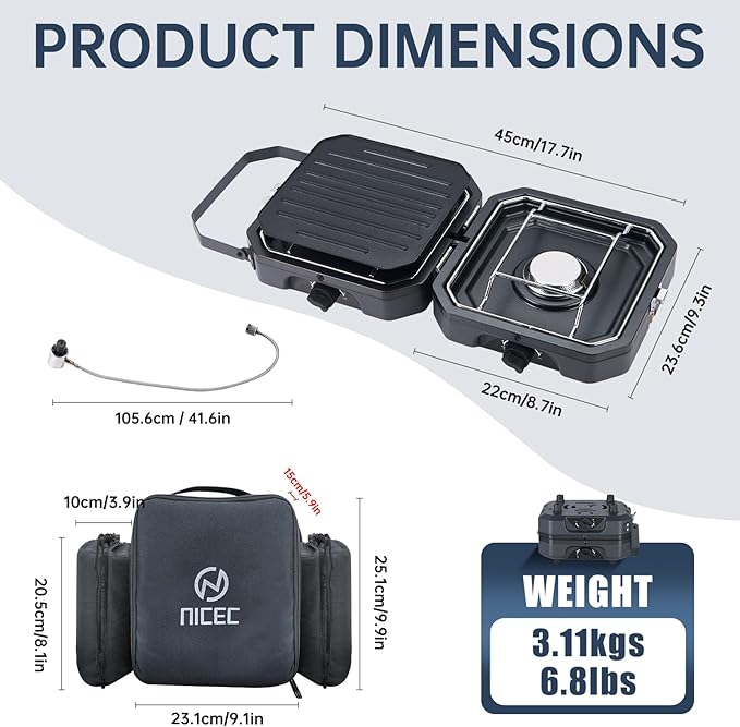 Nice C Camping Stove, Portable Camping Stove Propane, 2 Burner Propane Stove with Grill, Camp Stove, 16,000 BTU Camp Stove with 2 Burner, Grill & Carry Bag for Camping