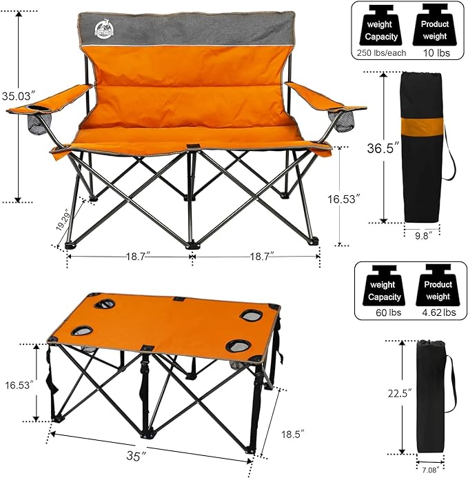 Northroad Folding Camping Chair Set of 4, Portable Collapsible Conversation Set w/1 Sofa, 2 Single Chairs, 1 Table for Family Patio, Outdoor Travel, Beach(Orange)