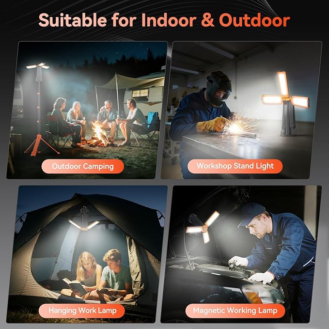 Rechargeable Camping Light with Stand, 15000 mAh Cordless Work Light with 3 LED Lamp Heads, 5500 Lumens Dimmable Camping Essentials Gear Emergency Flashlight with 86" Detachable Tripod, Orange