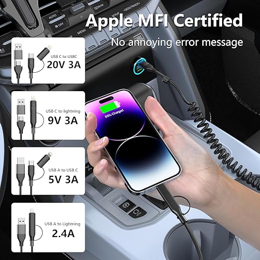 Coiled Carplay 4-in-1 USBA/Type C to USB-C/Lightning Cable Multi Combo for Apple Carplay& Android Auto,60W Fast Charge&Data Sync Car Charger Cord for iPhone 15/14/13/12,Samsung,Android-Black