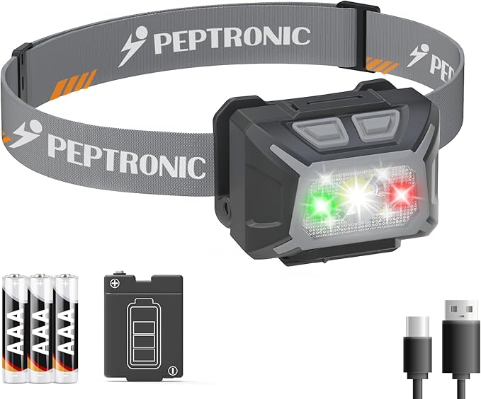 Camping Headlamp Dual Power (Rechargeable/3AAA Batteries Included), LED Dimming Head Lamp Waterproof 60° Adjustable Head Light 9 Modes Red White Green Light for Hiking, Running, Cycling