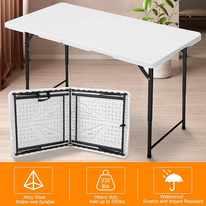 4ft Folding Table, Portable Fold-in-Half Adjustable Height Utility Table for Indoor/Outdoor Use, Durable HDPE & Steel, Stable & Lightweight, Multi-Purpose, White