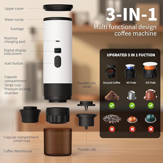 3-in-1 Portable Coffee Maker, 15 Bar Portable Espresso Machine with LED Display and 90ml Sink, Compatible with Ground Coffee & Capsules(Ns&DG) for RV, Hiking, Office, Auto-Heating, USB-C (Orange)
