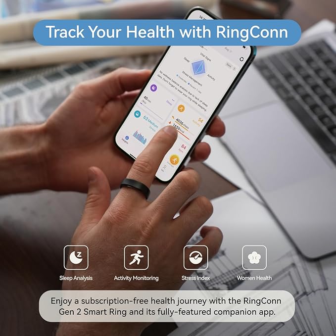 RingConn Gen 2, World’s First Smart Ring with Sleep Apnea Monitoring, No APP Subscription, 12-Day Battery Life, Stress/Heart Rate/Women's Health Tracker, Android & iOS Compatible (Black, Size 9)