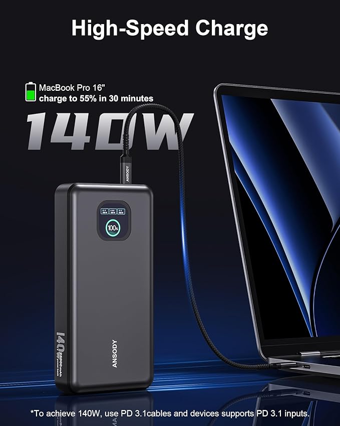 140W Power Bank, 25000mAh Laptop Portable Charger with Smart Digital Display, PD3.1 Fast Charging Battery Pack for MacBook Dell XPS iPad Tablet Steam Deck iPhone 17-12 Series Samsung Switch and More
