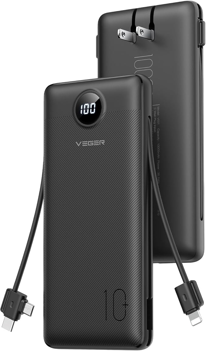 VEGER All in One Travel Portable Charger with Built-in AC Plug & Cables, 10000mAh Slim Power Bank Battery Pack, 15W Fast Charging for iPhone, Samsung, Android-Black