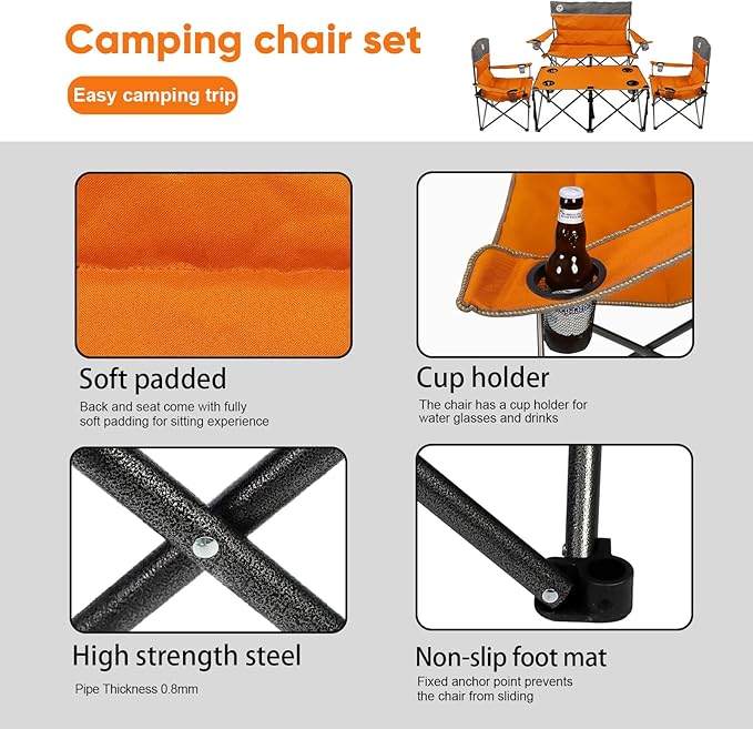 Northroad Folding Camping Chair Set of 4, Portable Collapsible Conversation Set w/1 Sofa, 2 Single Chairs, 1 Table for Family Patio, Outdoor Travel, Beach(Orange)