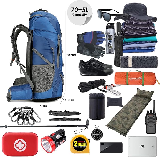 WintMing 75L Hiking Backpack with Rain Cover Waterproof Camping Backpack Shoes Warehouse for Men Women