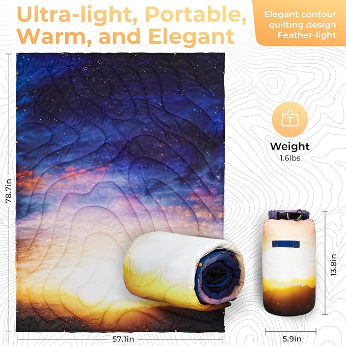 KingCamp Ultralight Camping Blanket, Packable Down Alternative Puffy Printed Wearable Blanket with Snap Buttons & Corner Loops Weatherproof Quilt for Outdoor Travel Stadium (79" L x 57" W, Sunrise)